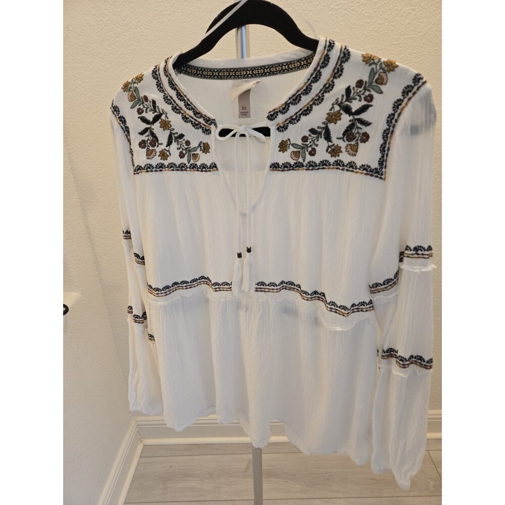 Knox Rose Women's XL White Embroidered Peasant Top Boho Blouse Tassel Tie